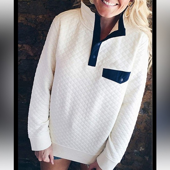 Btfbm waffle pattern pullover sweater with button neck in white/navy. Size S - Picture 6 of 11